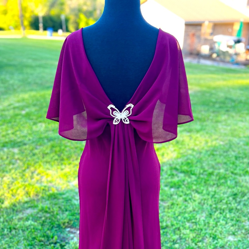 Long Burgundy Gown with Beautiful Crystal Butterfly Embellishment on back